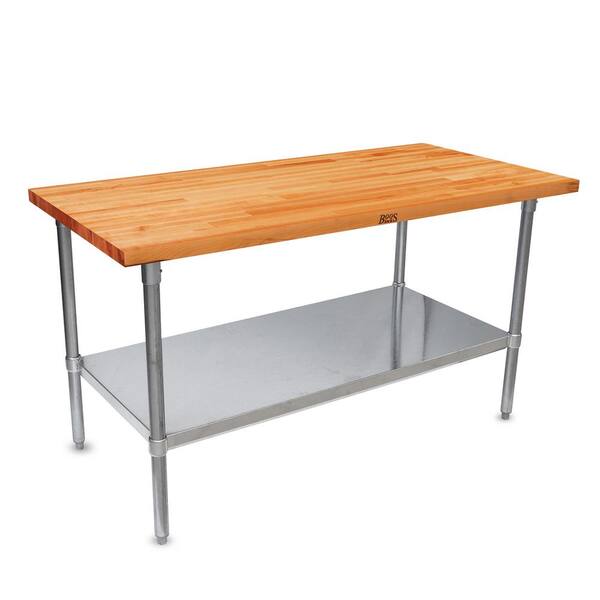 JOHN BOOS Natural Brown Cherry Wood 30 in. Kitchen Prep Table with Galvanized Base and Shelf