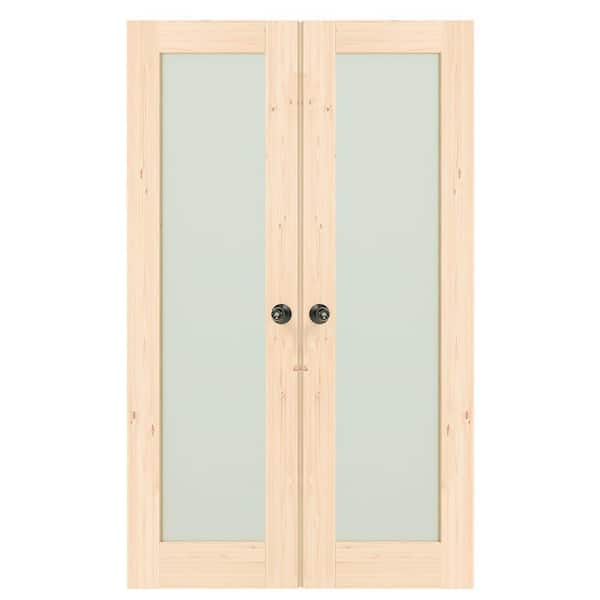 48 in. x 80 in. Solid Wood, Full Lite, Frosted Glass, Primed, Light Brown Interior Door Slab with Black Goal Doorknob