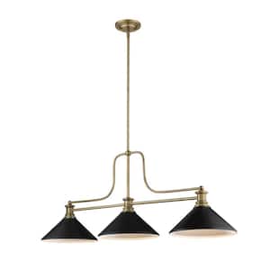 Melange 3-Light Heritage Brass Billiard Light with Metal Matte Black Shade Island or with No Bulbs Included