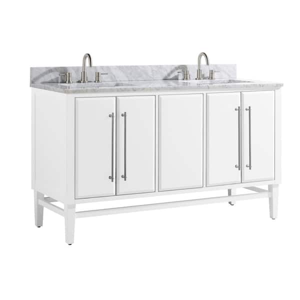 Mason 61 in. Double Sink White with Silver Trim Bath Vanity with Carrara White Marble Top