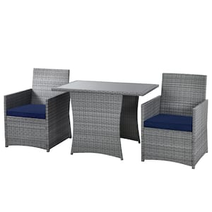 3-Pieces Wicker Patio Conversation Set Table and Chair Set with Navy Cushions