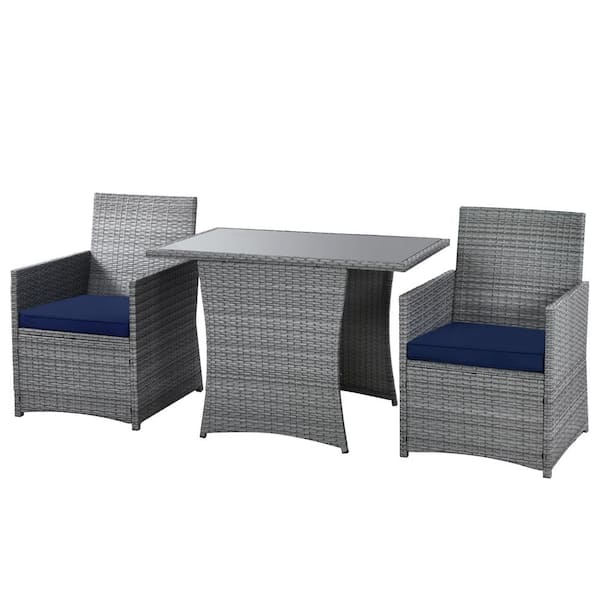 HONEY JOY 3-Pieces Wicker Patio Conversation Set Table and Chair Set with Navy Cushions