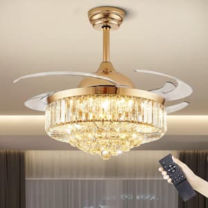 Modern 48 in. Smart Indoor Gold Crystal Retractable Invisible Chandelier Ceiling Fan with Dimmable Integrated LED