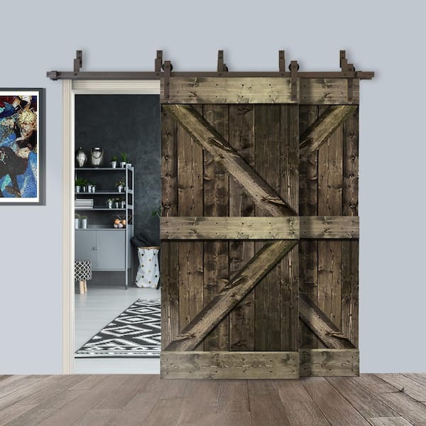 Calhome 76 In X 84 Espresso K Frame Solid Core Stained Knotty Pine Wood Double Barn Door Hardware Included Brown 5xbp S79 2 K38ct, Diy Bypass Sliding Barn Door