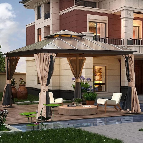 12 ft. x 12 ft. Outdoor Brown Aluminum Frame Polycarbonate Hardtop Double Roof Gazebo with Curtains and Net