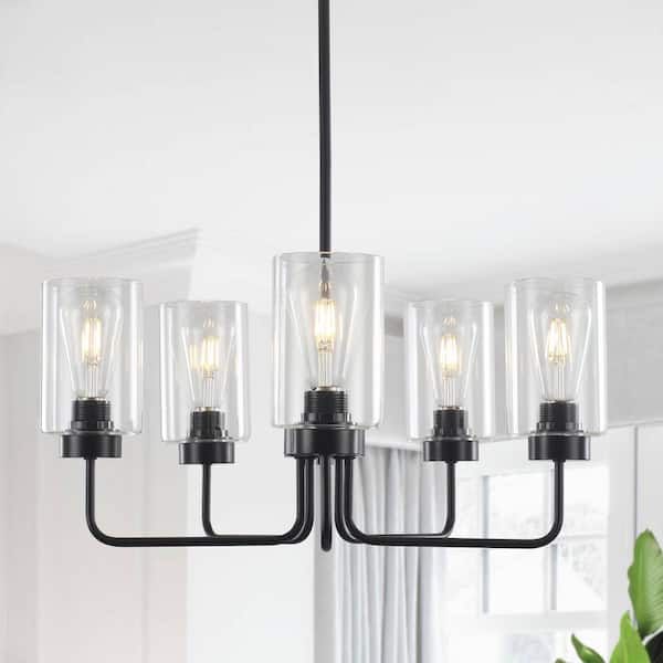 5-Light Black Candlestick Hanging Linear Chandelier Lighting Fixture with Glass Shade for Kitchen Island
