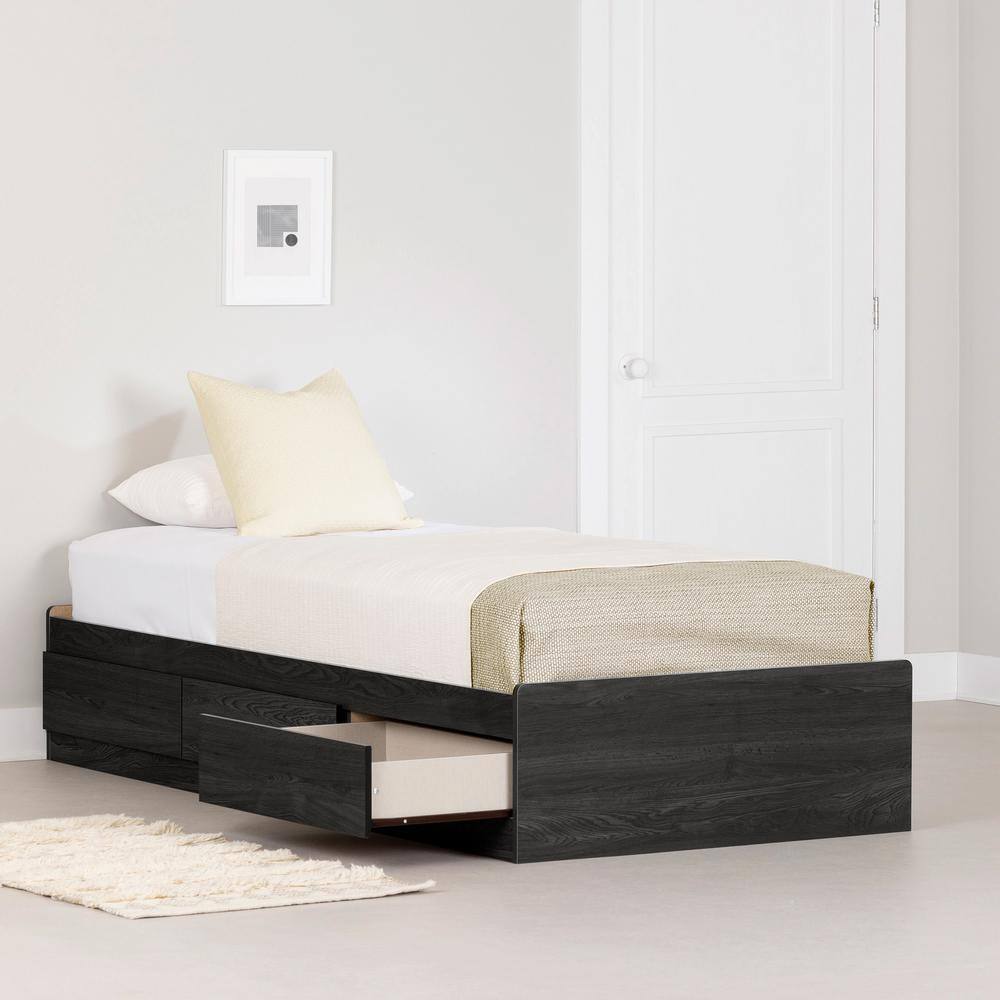 Gray Oak Twin Bed with 3 Storage Drawers