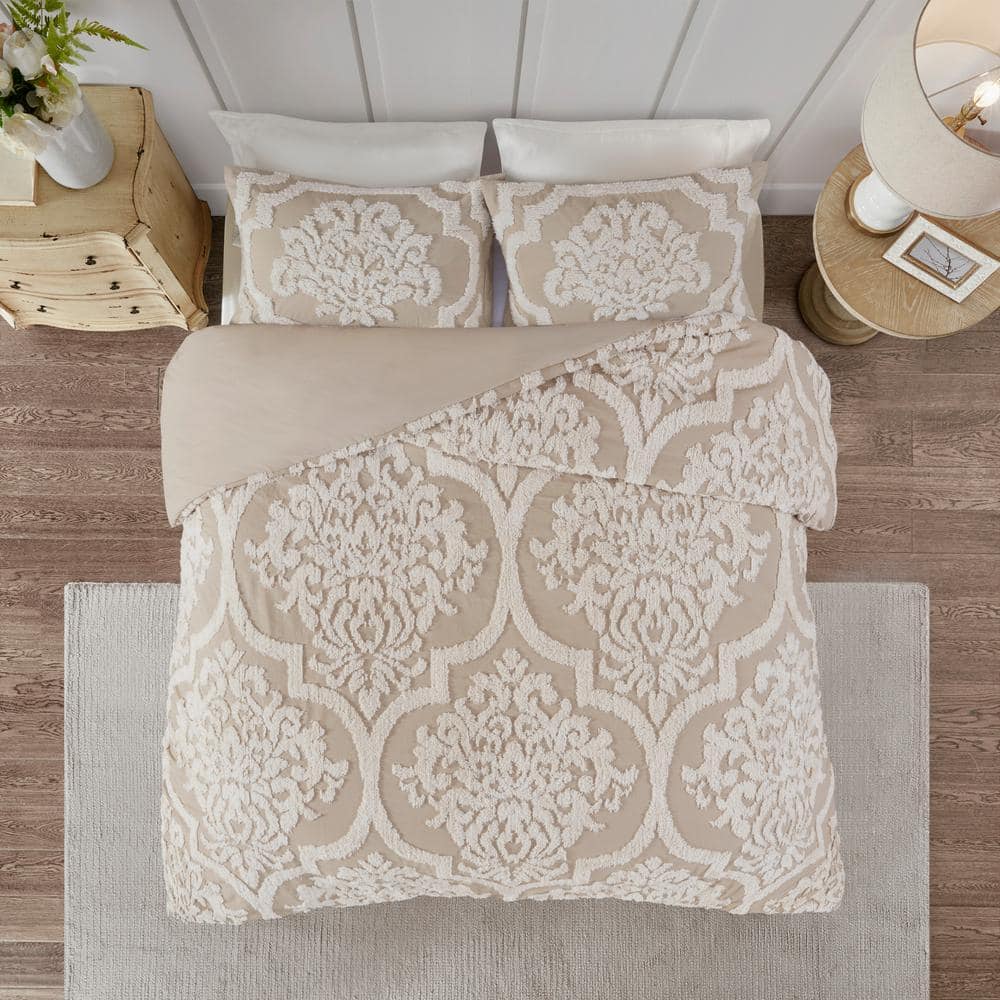Viola Taupe Full/Queen Cotton Chenille Damask Duvet Set