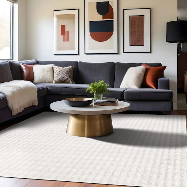 Aurora 8 ft. x 10 ft. White Non-Slip Rubber Back Washable Polyester Checker Indoor Area Rug