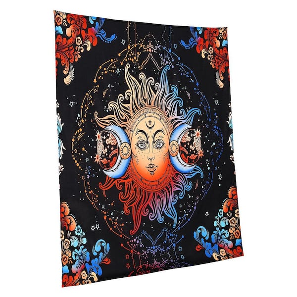 SKYSHALO Sun and Moon Tapestry Psychedelic Mystic Floral Aesthetic Wall Tapestry Vintage Wall Blanket Black (50.39 x 57.87 in. )