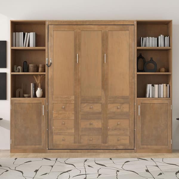 Light Brown Wood Frame Queen Size Murphy Bed with Storage Shelves and Cabinets