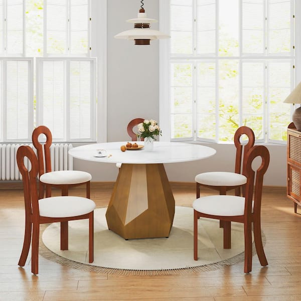 Magic Home 53 in. White Circular Sintered Stone Tabletop Bronze Pedestal Base Kitchen Dining Table (Seats-6)