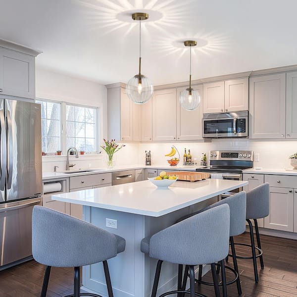 Modern 7.87 in. 1-Light Gold Pendant Light with Globe Ribbed Glass Shade