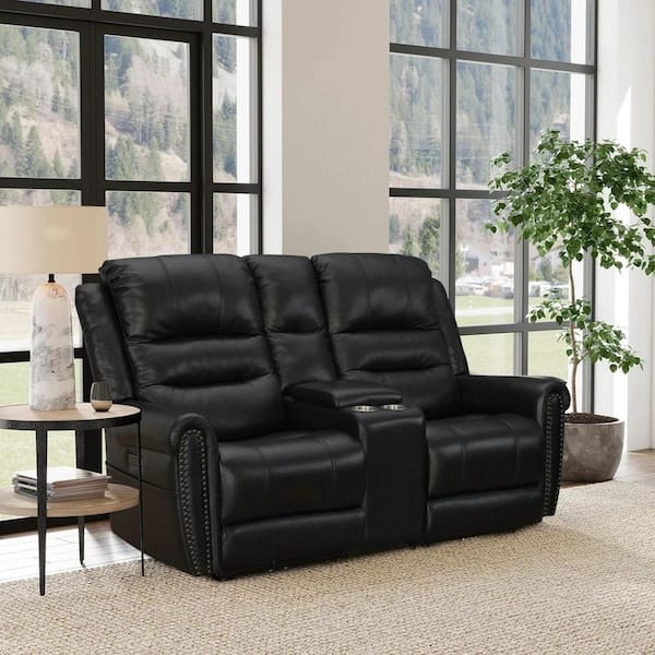 null 71 in. width Genuine Leather Black Nailhead 2-Seats Power Reclining Loveseat With Console and Adjustable Headrest