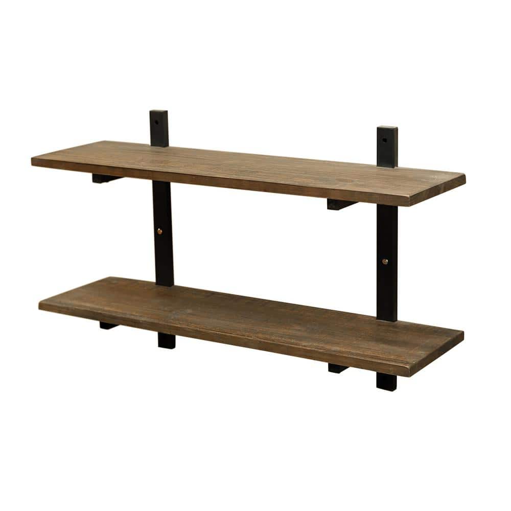 Pomona 36" Black Metal and Solid Wood Wall Shelf