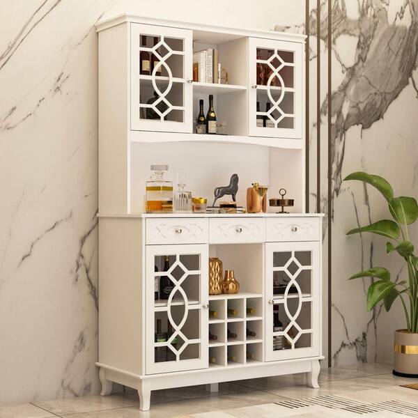 FUFU&GAGA 68.9 in. H White Wood Doors Accent Cabinet with 4-Tier Shelves and 2-Drawers Storage Cabinet Bookshelf Cupboard