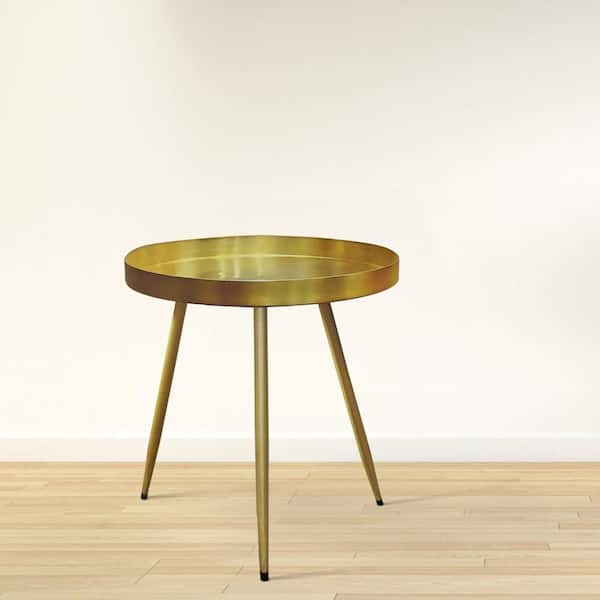 THE URBAN PORT Enid 16 in. Brass Round Metal Top Side End Table with Tray Top and Sleek Angled Legs