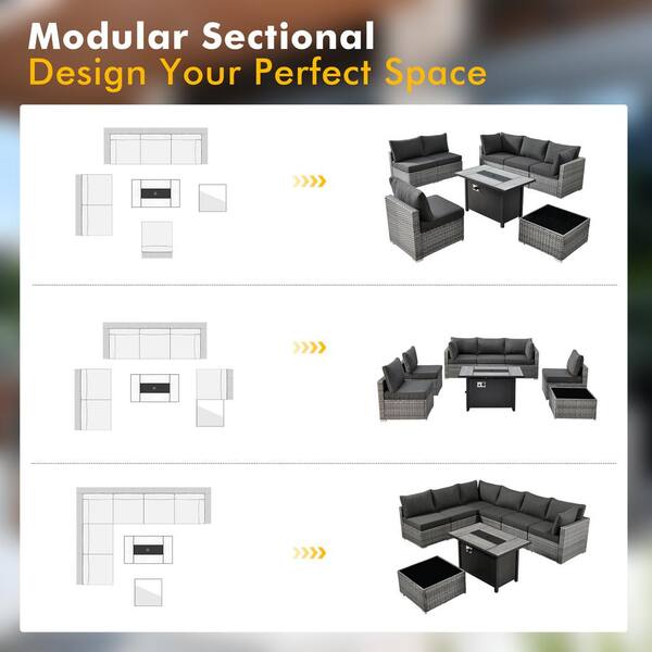 XIZZI Gemini 8-Piece Wicker Patio Rectangular Fire Pit Set with