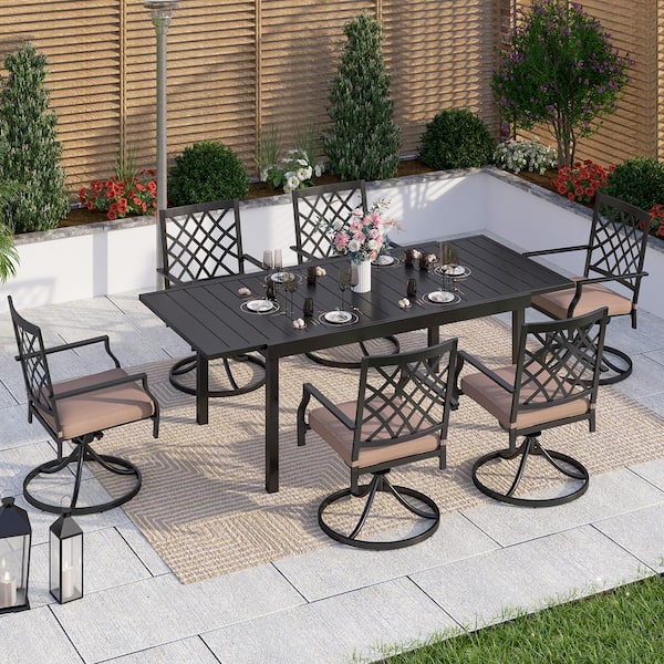 PHI VILLA Black 7-Piece Metal Patio Outdoor Dining Set with Expandable Table and Swivel Chairs with Beige Cushions