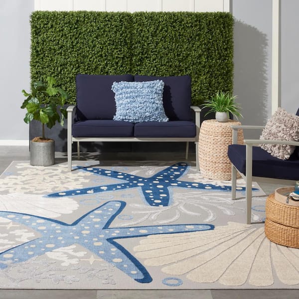 Aloha Blue/Grey 9' x 12' Floral Modern Indoor/Outdoor Area Rug