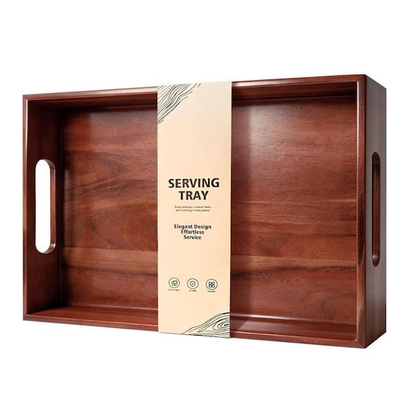 17 in. W x 2 in. H x 12 in. D Brown Acacia Wood Serving Tray w/ Handles for Food and Drinks, Coffee, Ottoman, Breakfast
