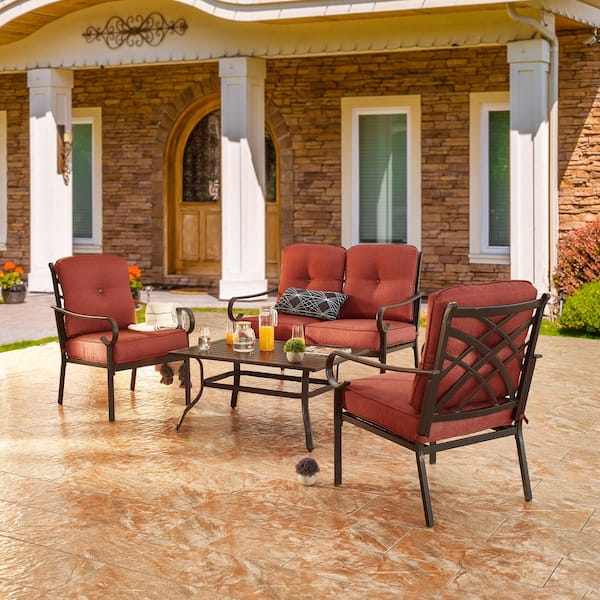 Patio Festival 4-Piece Metal Patio Conversation Set with Red Cushions