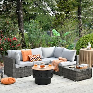 Sanibel Gray 6-Piece Wicker Outdoor Patio Conversation Sofa Set with a Wood-Burning Fire Pit and Light Gray Cushions