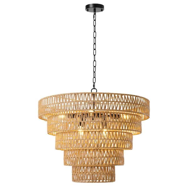 25.6 in. 8-Light 5-Tier Gold Hand-Woven Rattan Chandelier with Open Weave Shade