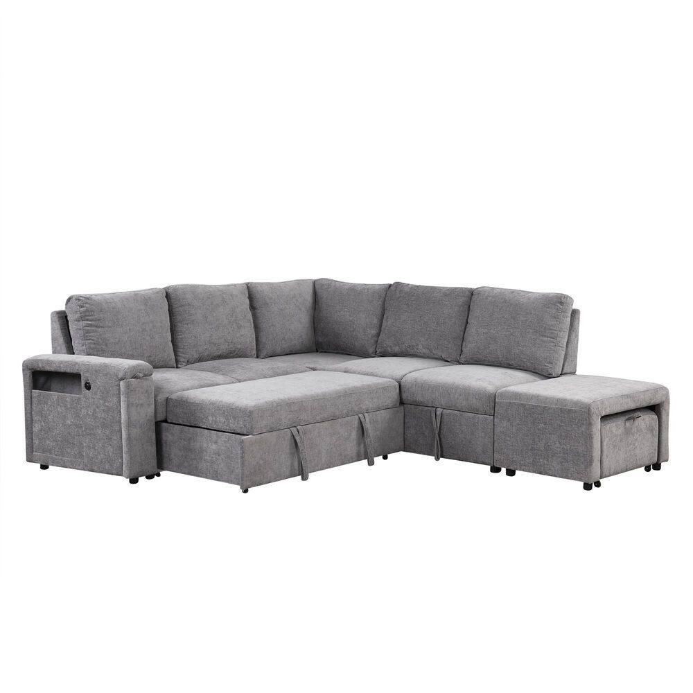 L-Shaped Padded Modular Sectional Sofa in Gray with Storage Space, USB Ports, and Cup Holders on the Armrests