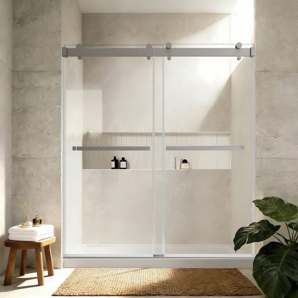 VC 56 to 60 in. W x 76 in. H Soft-Close Frameless Double Sliding Shower Door in Brushed Nickel with 3/8 in. Clear Glass