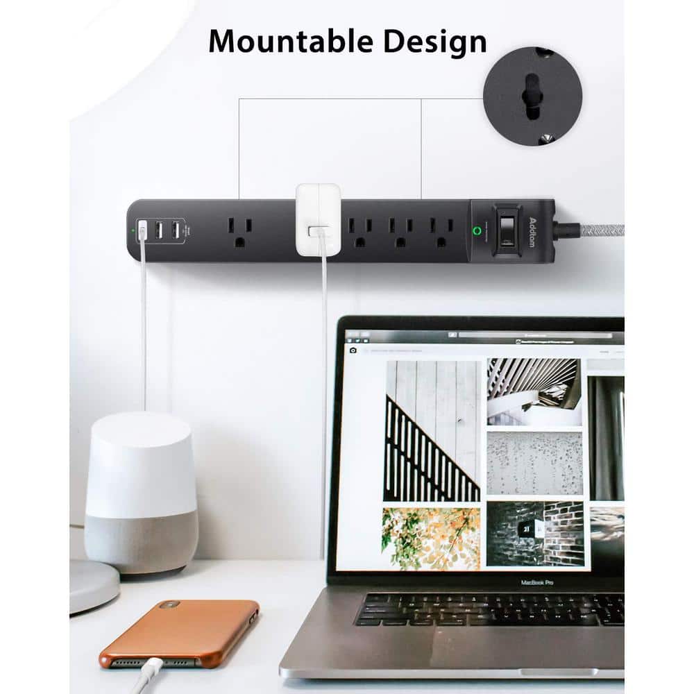 Black 6-Foot 5-Outlet Power Strip with USB Ports, 2-Pack