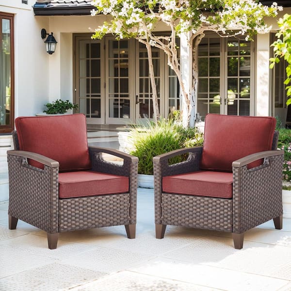 Farmhouse 2-Piece Brown PE Wicker Outdoor Lounge Chair with Olefin Red Cushions/Metal Armrest