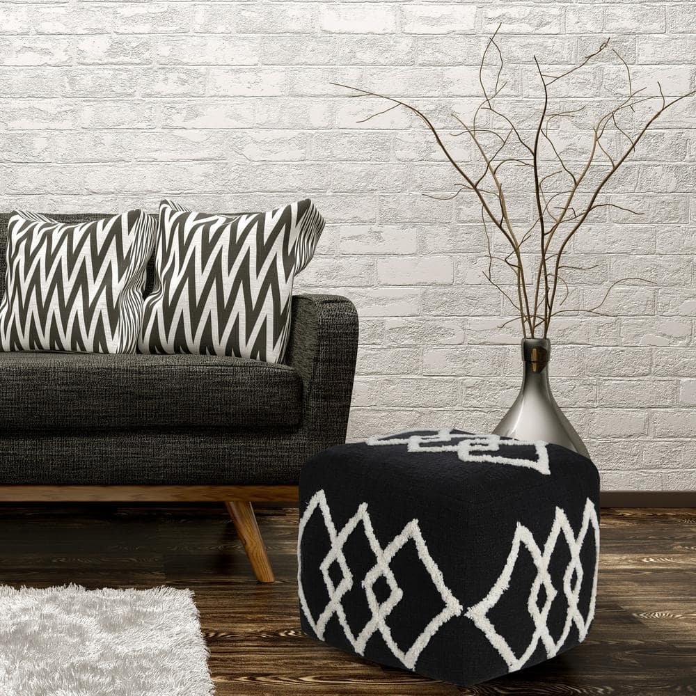 Black and White Tufted Diamond Square Pouf
