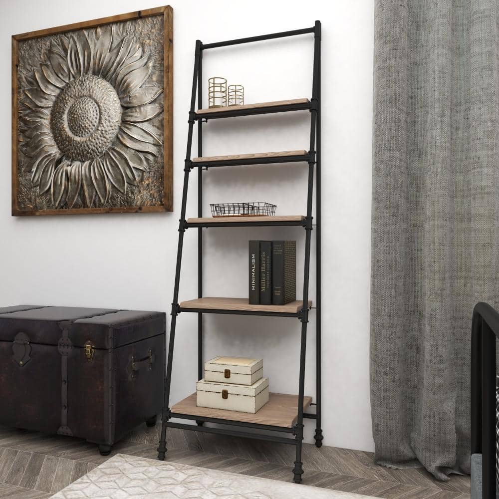 72" Black Metal and Pine Wood 5-Tier Ladder Shelf