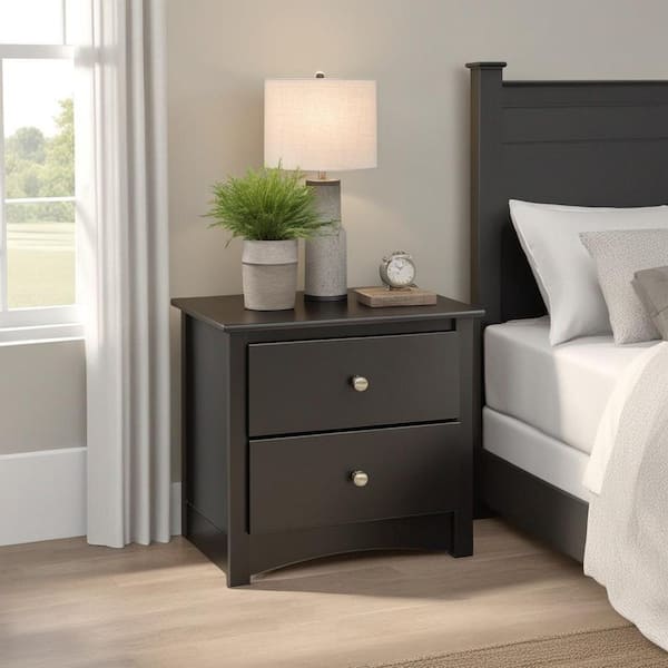 Prepac Sonoma Black 2-Drawer 23.25 in. W Traditional Nightstand Side Table, Night Stand Bedside Table, Nightstand for Bedroom