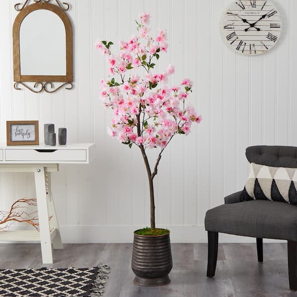 Nearly Natural 5.5 ft. Cherry Blossom Artificial Tree in Ribbed Metal Planter