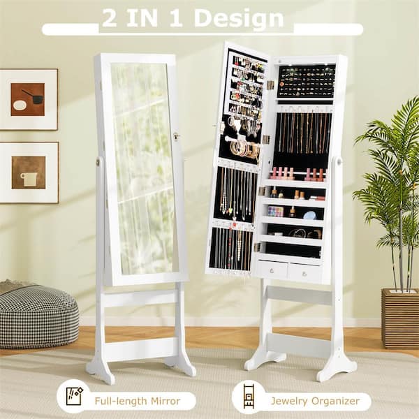 White Wood Lockable Mirrored Jewelry Cabinet Armoire Organizer Storage with Stand and LED Lights