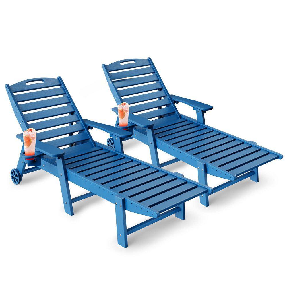 Lounge Chair Ourdoor with 6-Position Adjustable Back, HDPE Patio Chaise with Wheels and Cup Holder, Navy Blue, 2 Pack price history on PriceWatchPro