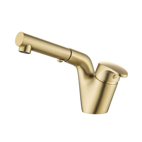 Single Handle Single Hole Bathroom Faucet with Pull Out Sprayer Brass Pull Out Sink Basin Faucets in Brushed Gold