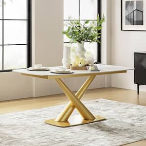 Gun White Modern 72 in. Seats 6 Faux Marble Cross Legs Dining Table with Metal Base