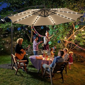 10 ft. Market Solar Patio Umbrella Outdoor Offset Hanging Umbrella with 40 LED Lights in Tan