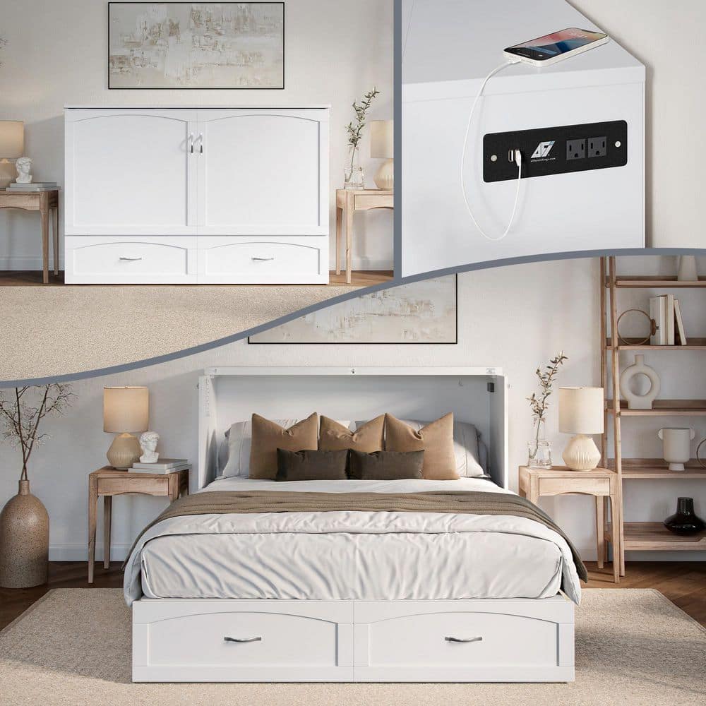Marion White Wood Frame Queen Murphy Bed Chest with 6 in. Mattress Storage Drawer and Built-in Charger