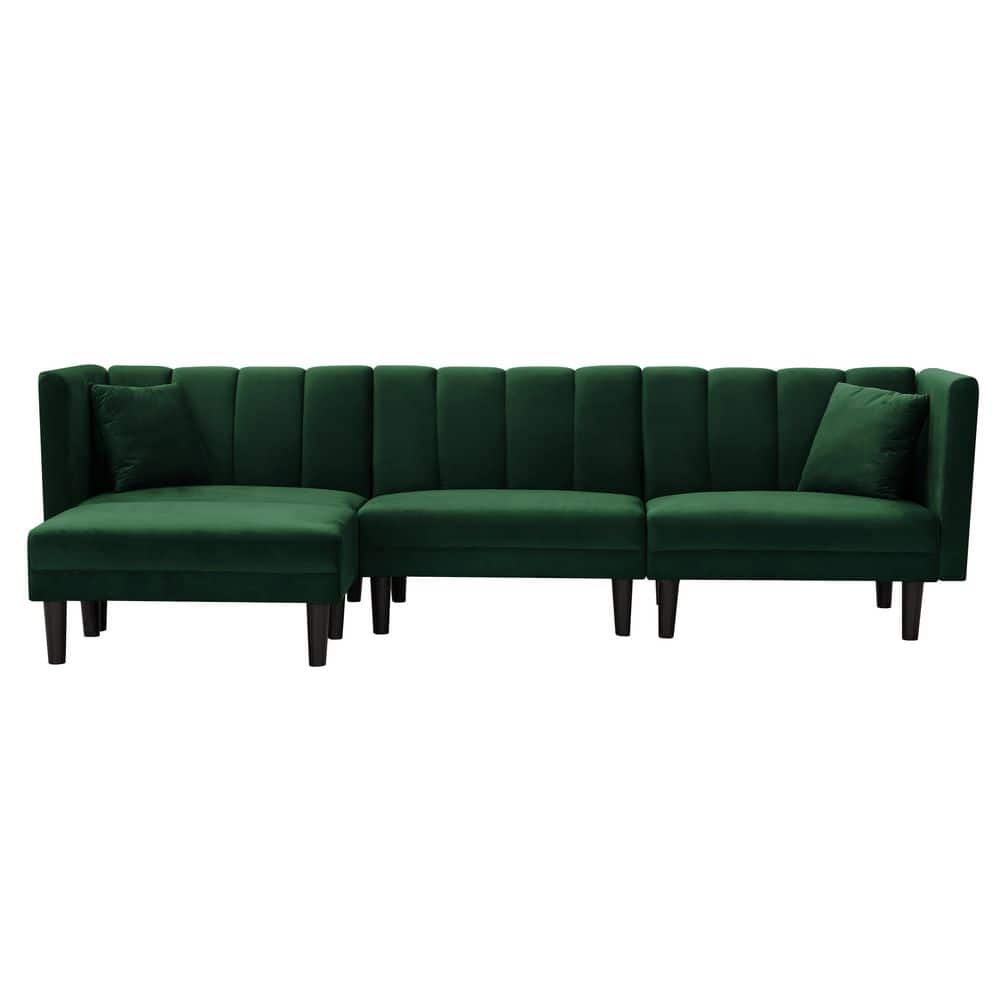 Spaco 106.7 in. Dark Green Velvet Twin Size Reversible Sectional Sofa