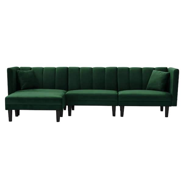 Spaco 106.7 in. Dark Green Velvet Twin Size Reversible Sectional Sofa Bed with 2-Pillows