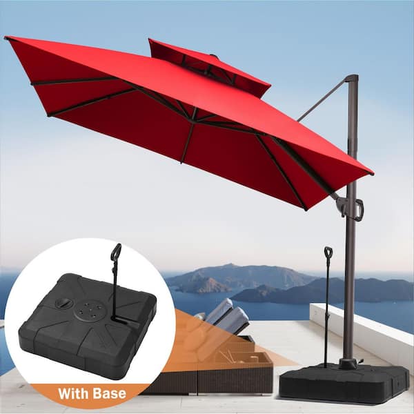 2-Tier Top 11 ft. Square Aluminum 360° Rotation Cantilever Patio Umbrella in Red with 300 lbs. HDPE Wheeled Stand