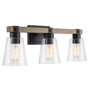 Asher 22.75 in. 3-Lights Black with Smoked Birch Wood Style Farmhouse Bathroom Vanity Light