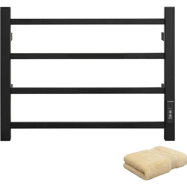 PRIMEPLUS 4-Bar Square Bar Plug-In/Hardwired Towel Warmer Smart Touch Screen Digital Display Waterproof in Black