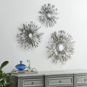 Metal Silver Sunburst Wall Decor with Mirror Accent (Set of 3)