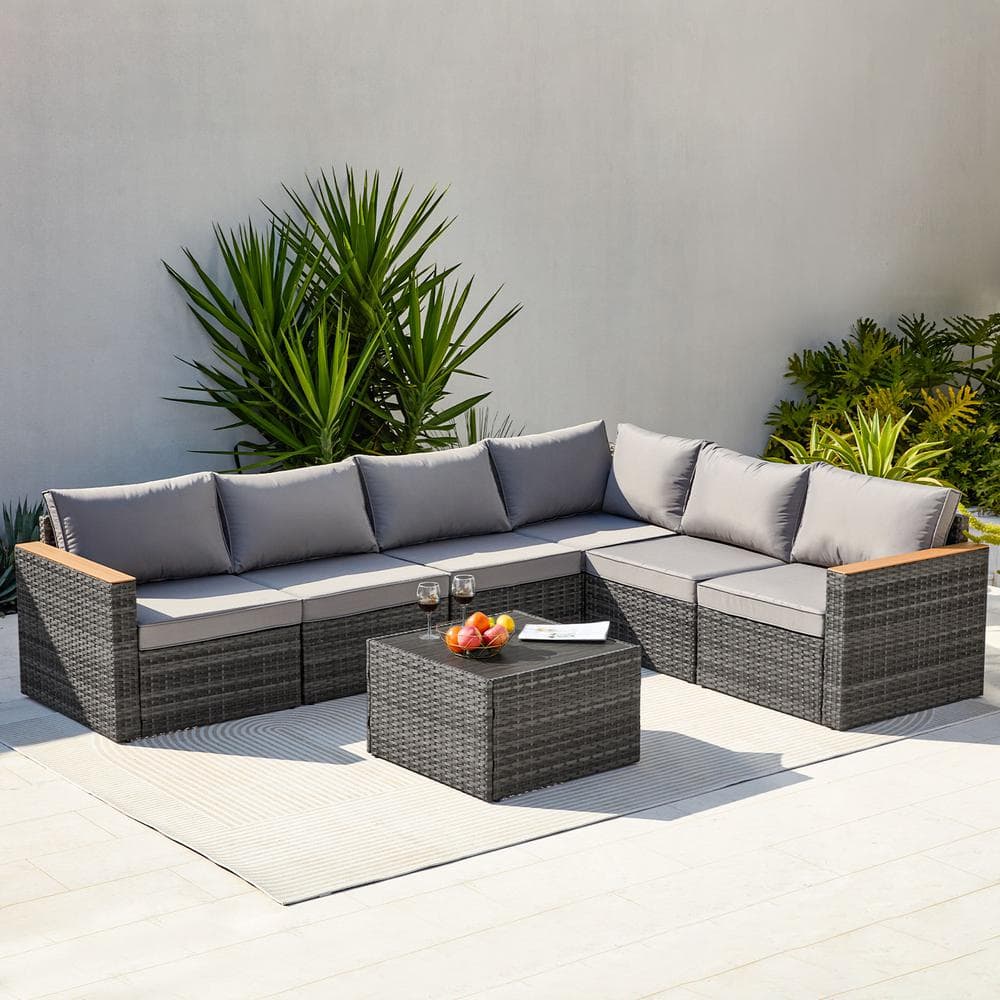 Modern 7-Piece Gray Wicker Patio Conversation Set with Gray Cushions and Ottoman for Backyard, Lawn, Outside