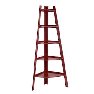 63 in. Cherry Red Laminate MDF 5-shelf Corner Ladder Bookcase
